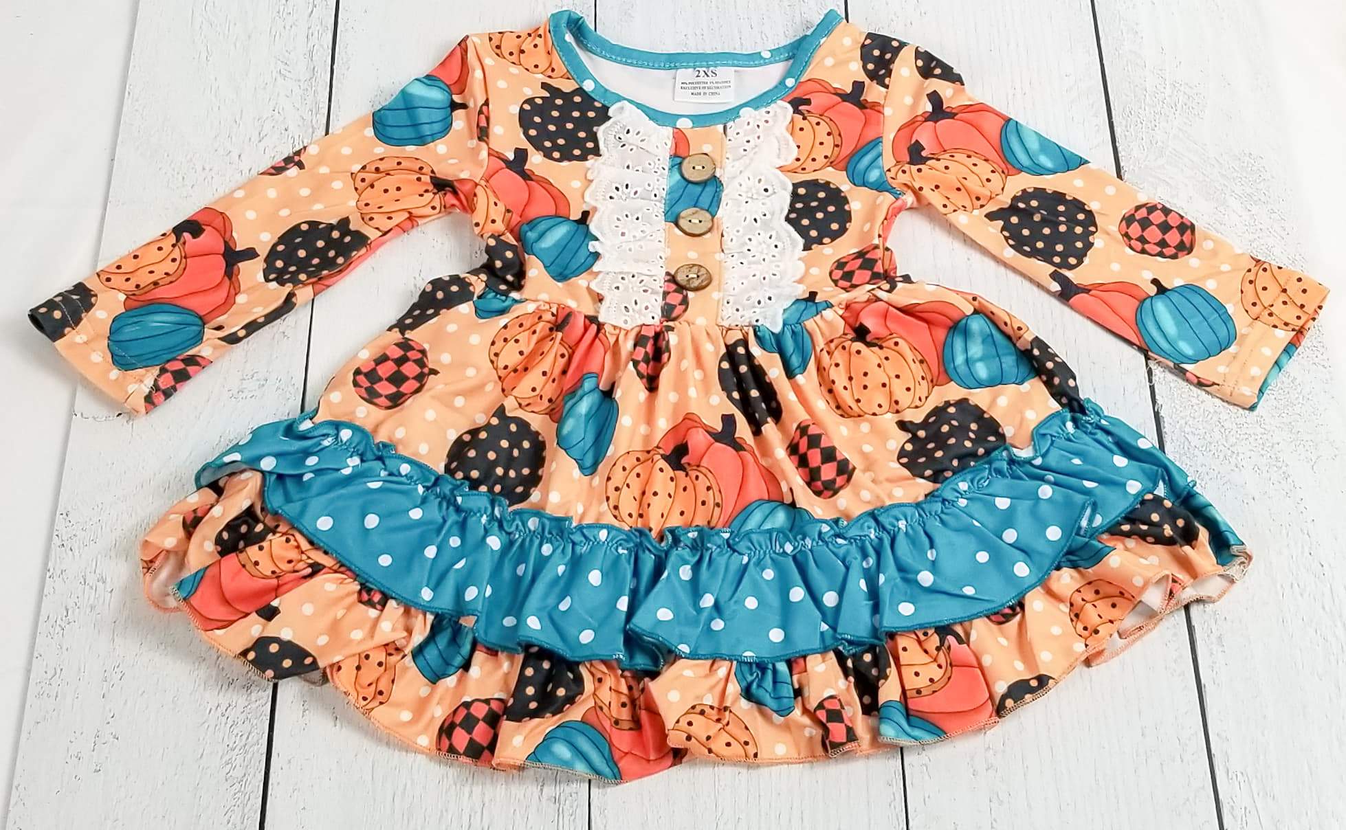 [PREORDER] Orange and Blue Pumpkins, Dots, 'n Lace Ruffle Dress