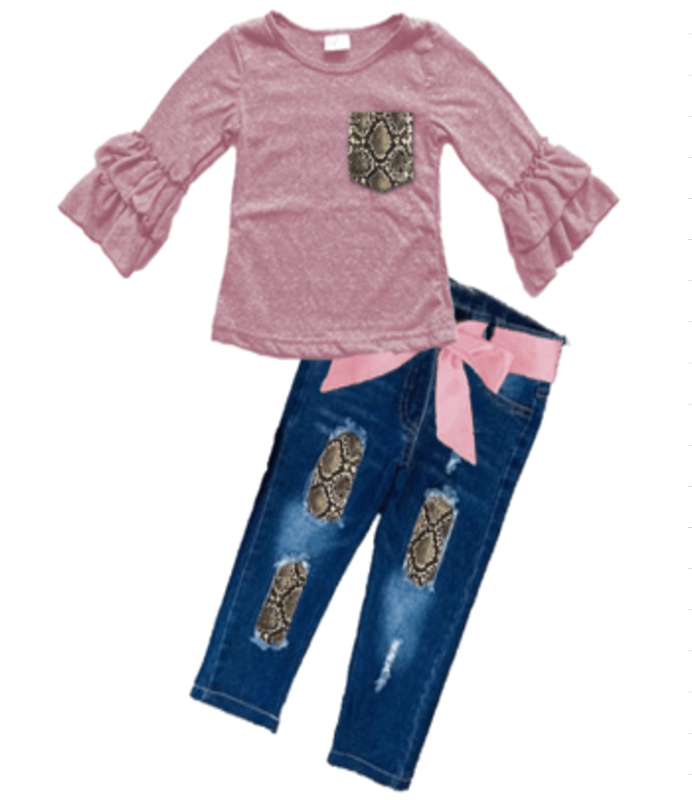 Fall Preorder: Pink Snakeskin Ruffle Sleeve Denim Outfit