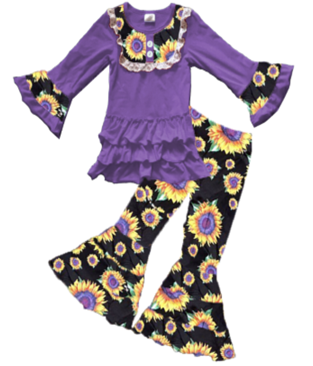 Fall Preorder: Purple Psychadelic Sunflower Tiered Ruffle Bell Bottoms Outfit