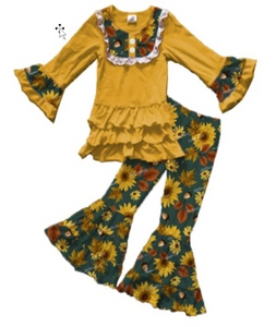 Fall Preorder: Golden Sunflowers Tiered Ruffle Bell Bottoms Outfit