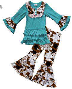 Fall Preorder: Teal Cowhide Tiered Ruffle Bell Bottoms Outfit