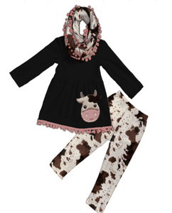 Fall Preorder: Friendly Moo Cowhide Pom Scarf Outfit