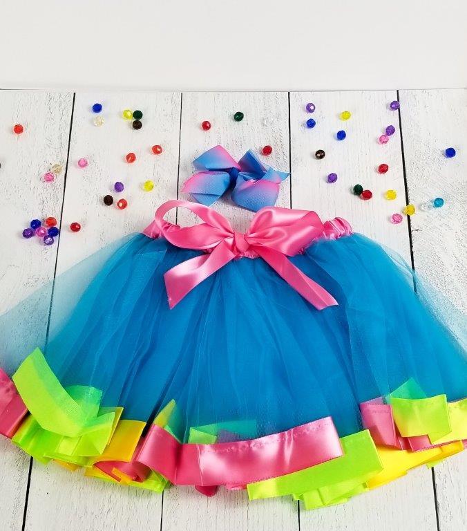 Preorder: Colorful Tutu with Matching Hairbow - Aqua/Pink