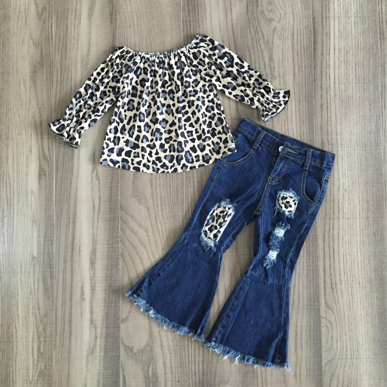 Fall Preorder: Gray Leopard Top with Distressed Denim Bell Bottoms