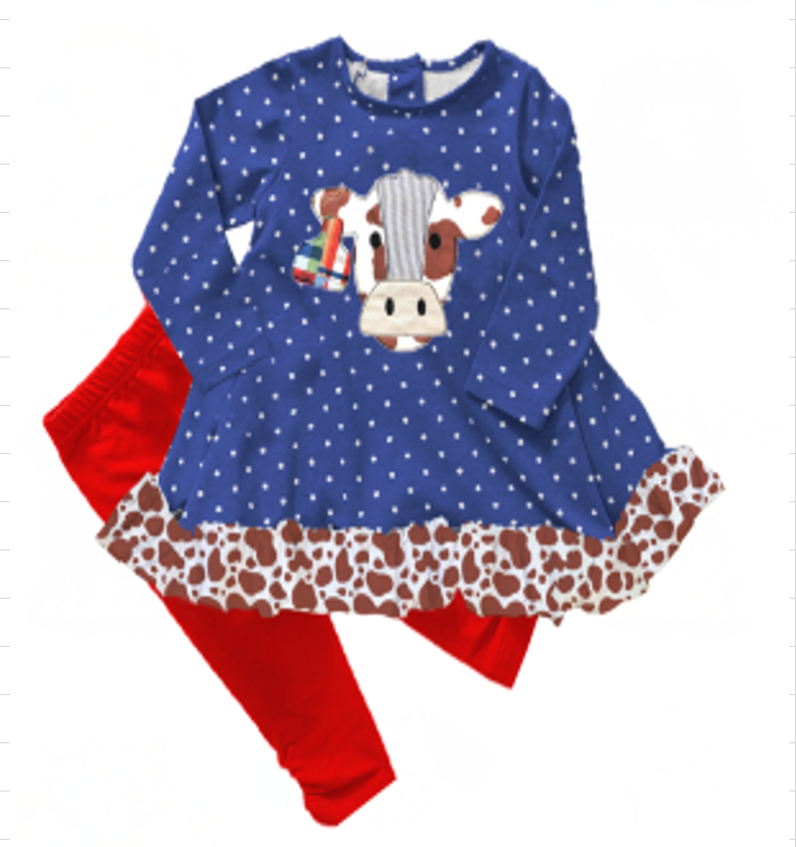 Fall Preorder: Blue Polka Dot Cowhide Ruffle Outfit