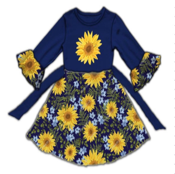 Fall Preorder: Blue Sunflowers Bell Sleeve Dress