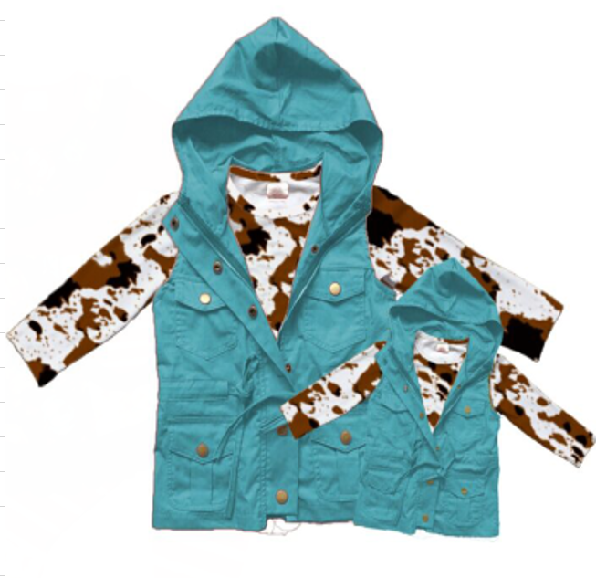 Fall Preorder: Cowhide Tee with Teal Sleeveless Jacket