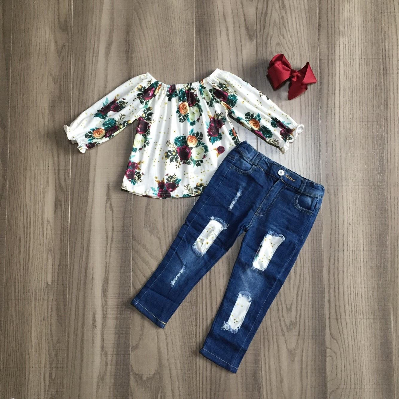 Floral Long Sleeve Denim Outfit [PREORDER]