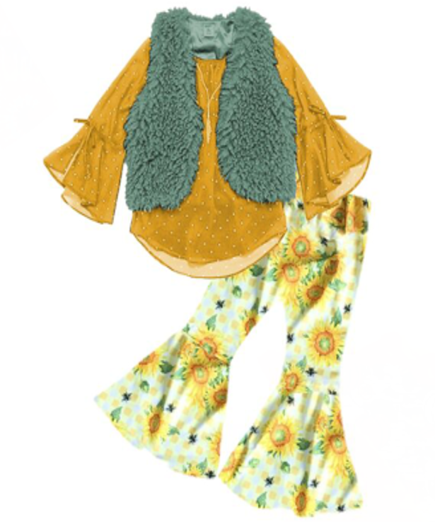 Fall Preorder: Flower Child Gold/Teal Fuzzy Vest Outfit