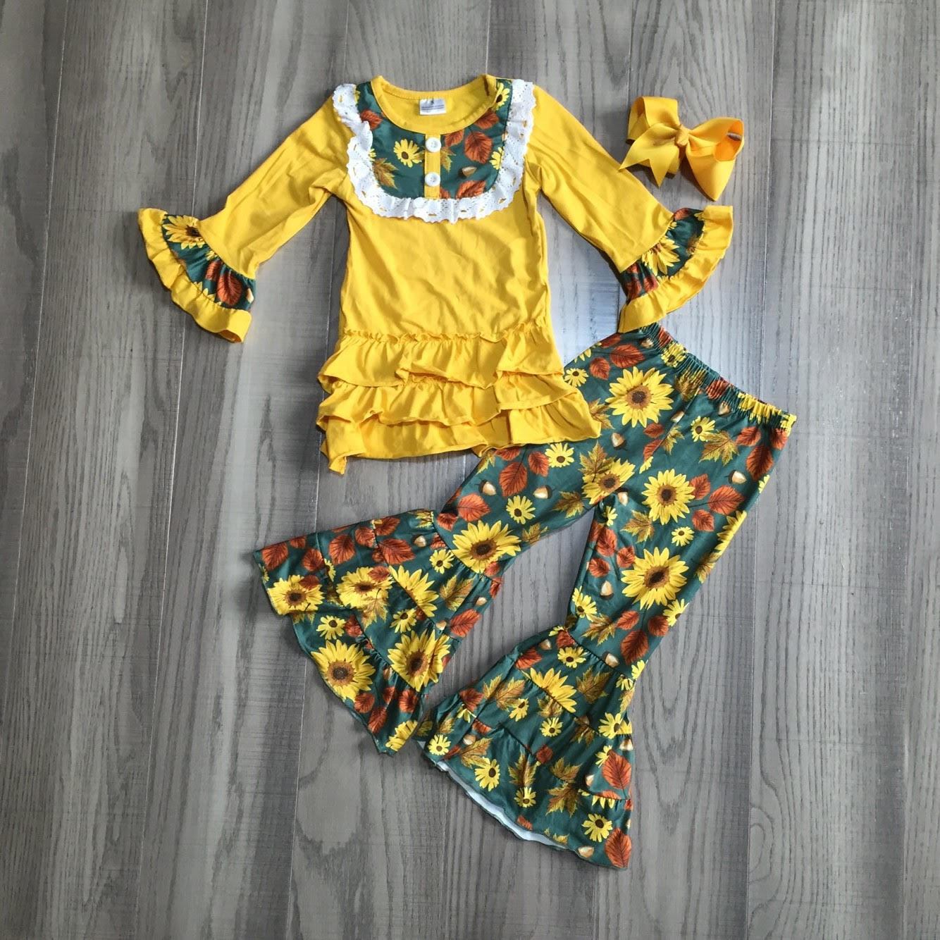 Fall Preorder: Golden Sunflowers Tiered Ruffle Bell Bottoms Outfit