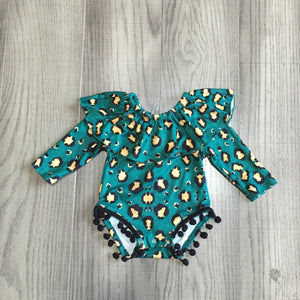 Fall Preorder: Ruffles 'n Poms Romper: Green Animal Print