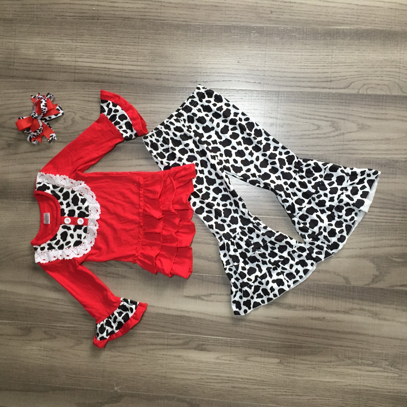 Fall Preorder: Red Cow Print Tiered Ruffle Bell Bottoms Outfit