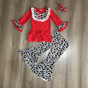 Fall Preorder: Red Cow Print Tiered Ruffle Bell Bottoms Outfit