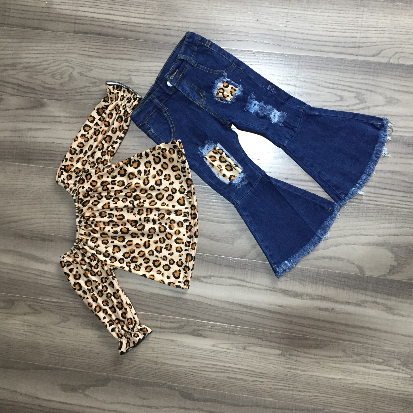 Fall Preorder: Brown Leopard Top with Distressed Denim Bell Bottoms