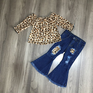 Fall Preorder: Brown Leopard Top with Distressed Denim Bell Bottoms