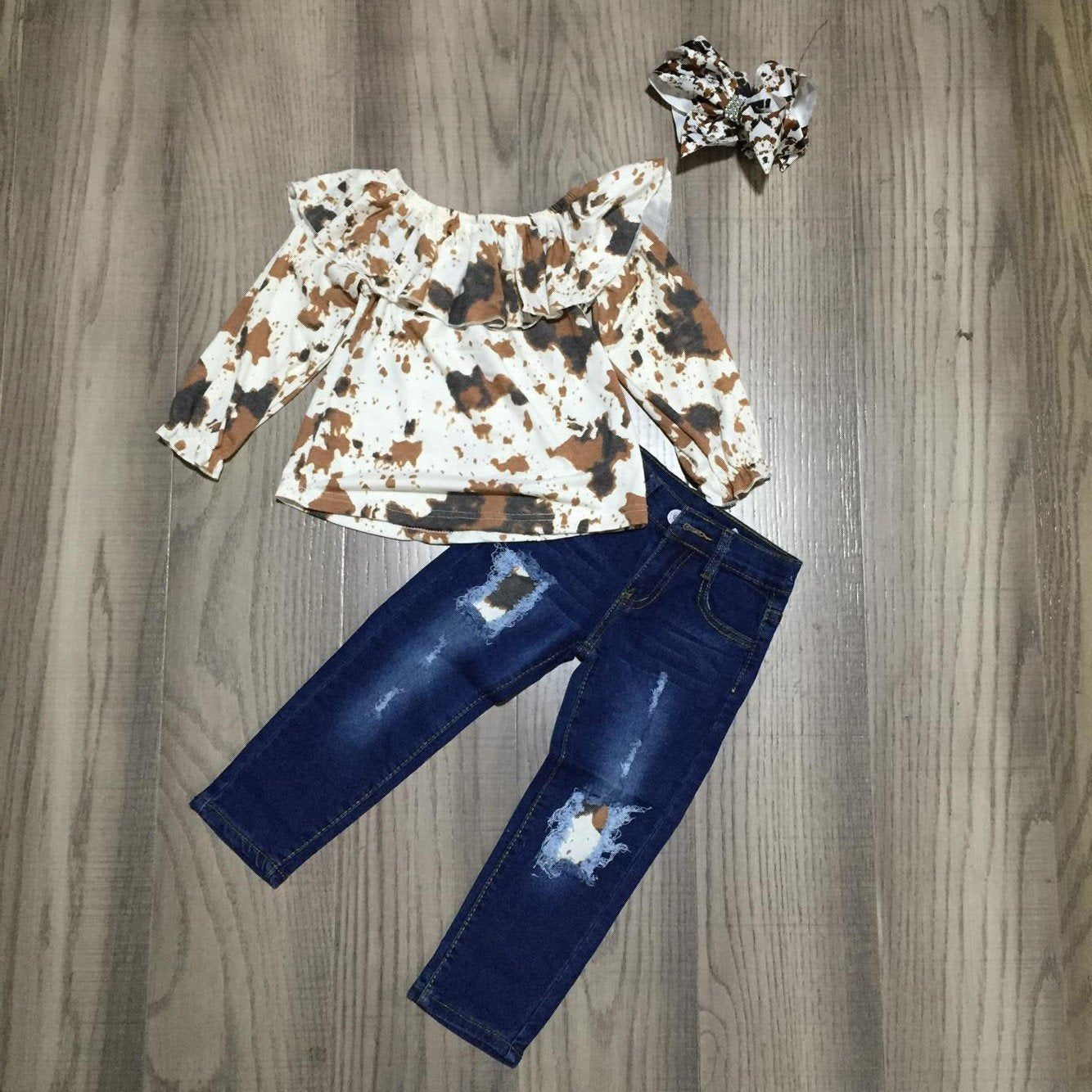 Fall Preorder: Cowhide 'n Ruffles Distressed Denim Outfit