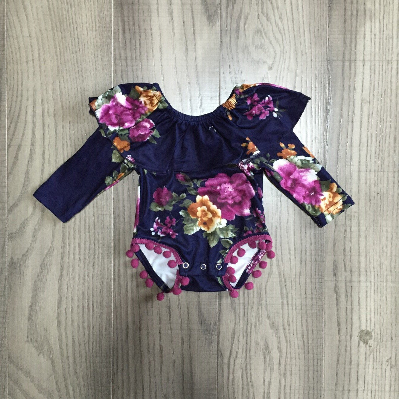 Fall Preorder: Ruffles 'n Poms Romper: Black Floral Print