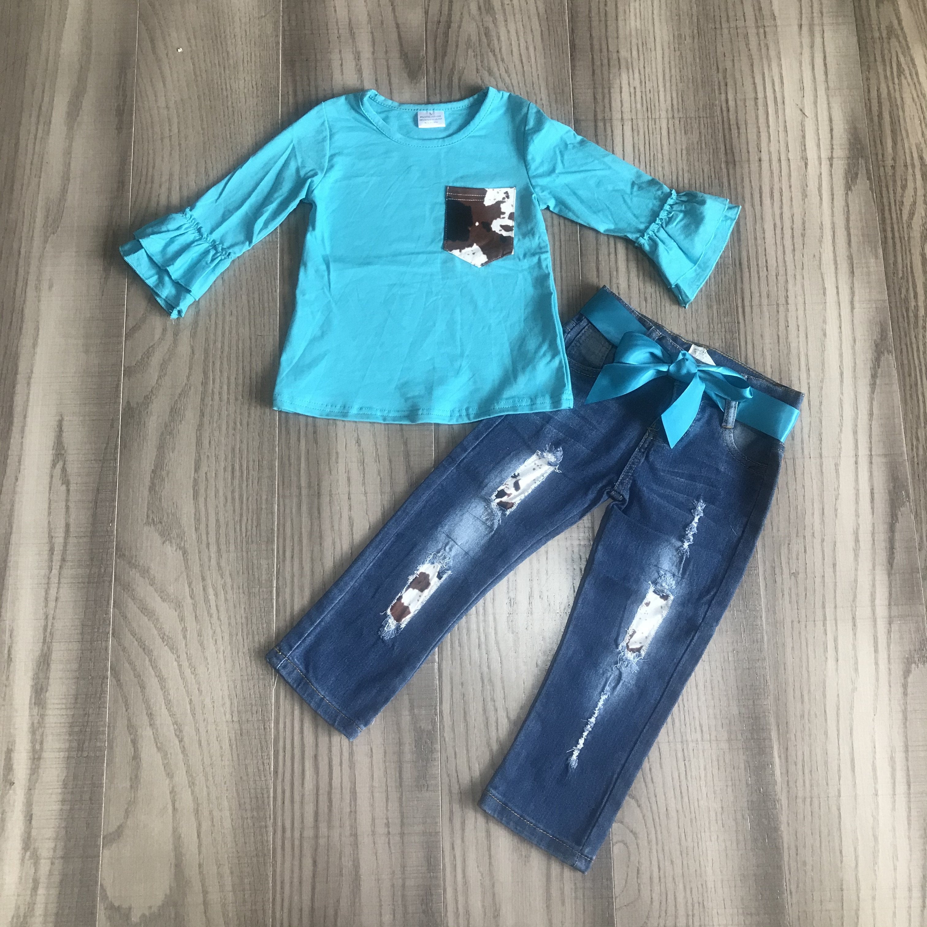 Fall Preorder: Teal Cowhide Ruffle Sleeve Denim Outfit