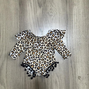 Fall Preorder: Ruffles 'n Poms Romper: Ivory/Brown Animal Print