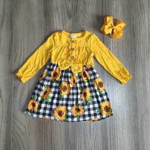 Fall Preorder: Golden Sunflowers Dress with Black & White Buffalo Plaid Skirt