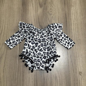 Fall Preorder: Ruffles 'n Poms Romper: White/Gray Animal Print