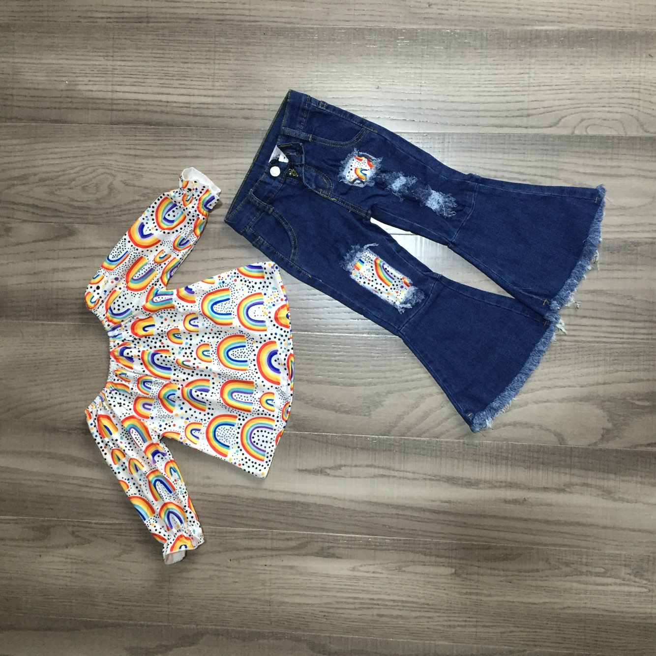 Fall Preorder: Rainbow Top with Distressed Denim Bell Bottoms