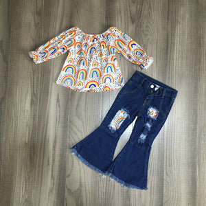 Fall Preorder: Rainbow Top with Distressed Denim Bell Bottoms