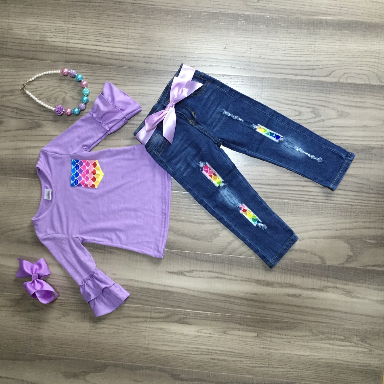 Fall Preorder: Purple Mermaid Ruffle Sleeve Denim Outfit