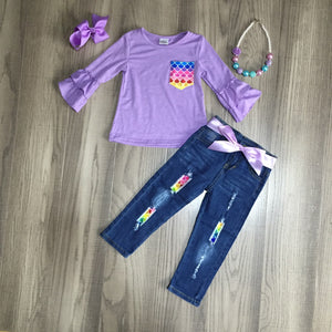 Fall Preorder: Purple Mermaid Ruffle Sleeve Denim Outfit