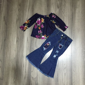 Fall Preorder: Floral Ruffled Top with Distressed Denim Bell Bottoms