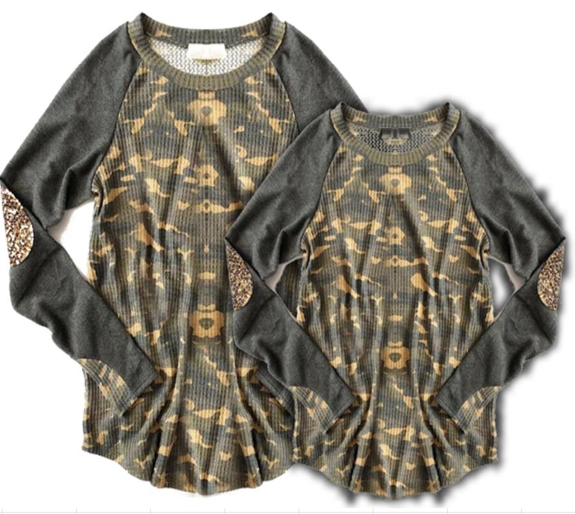 Fall Preorder: Long Sleeved Camo Tee with Leopard Elbow Patches