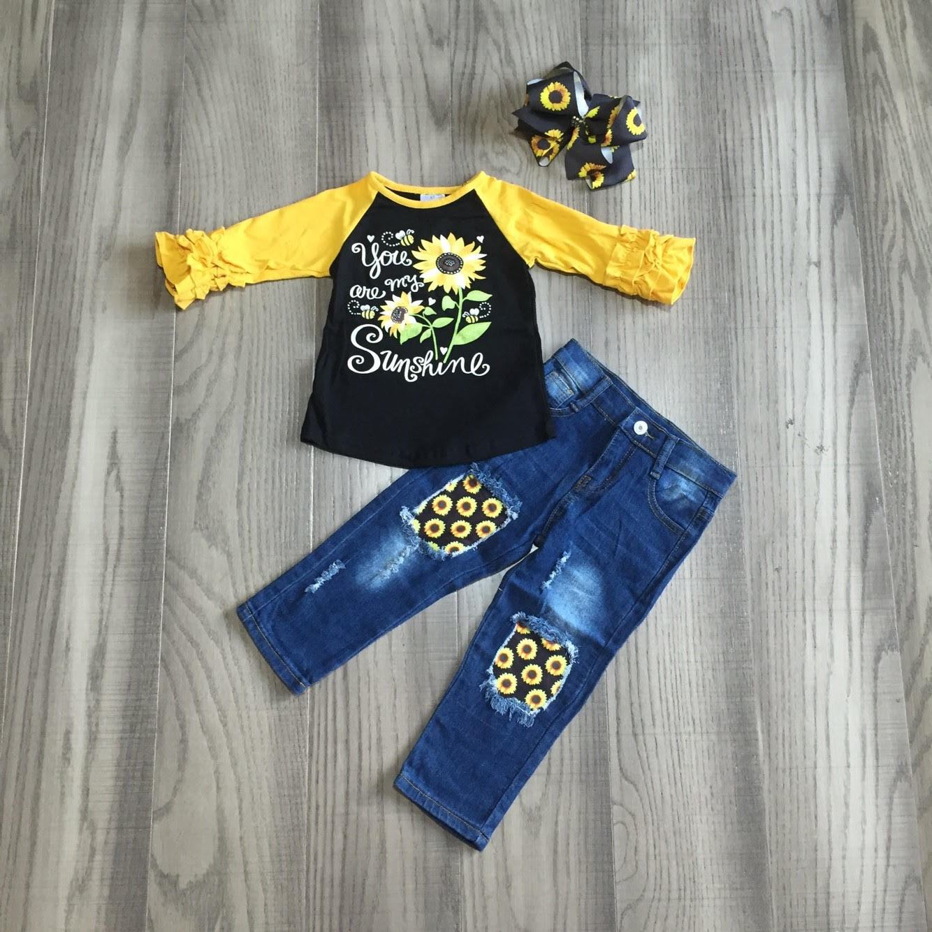 Fall Preorder: My Sunshine Sunflowers Distressed Denim Pant Outfit