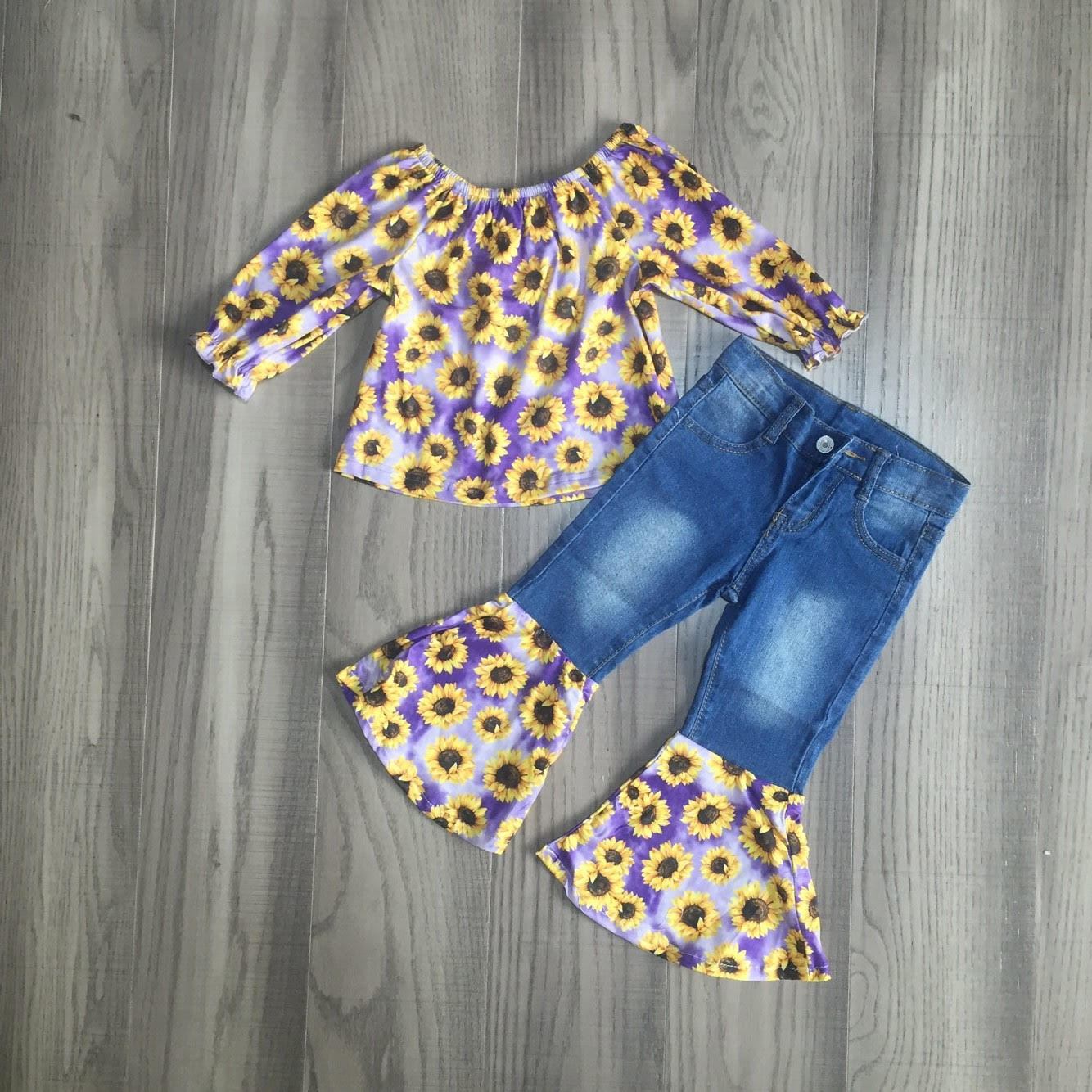 Fall Preorder: Purple Tie Dye Sunflower Denim Bell Bottom Outfit