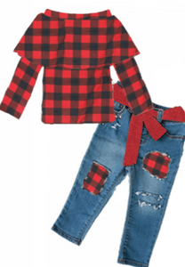 Red and Black Buffalo Plaid Denim Outfit