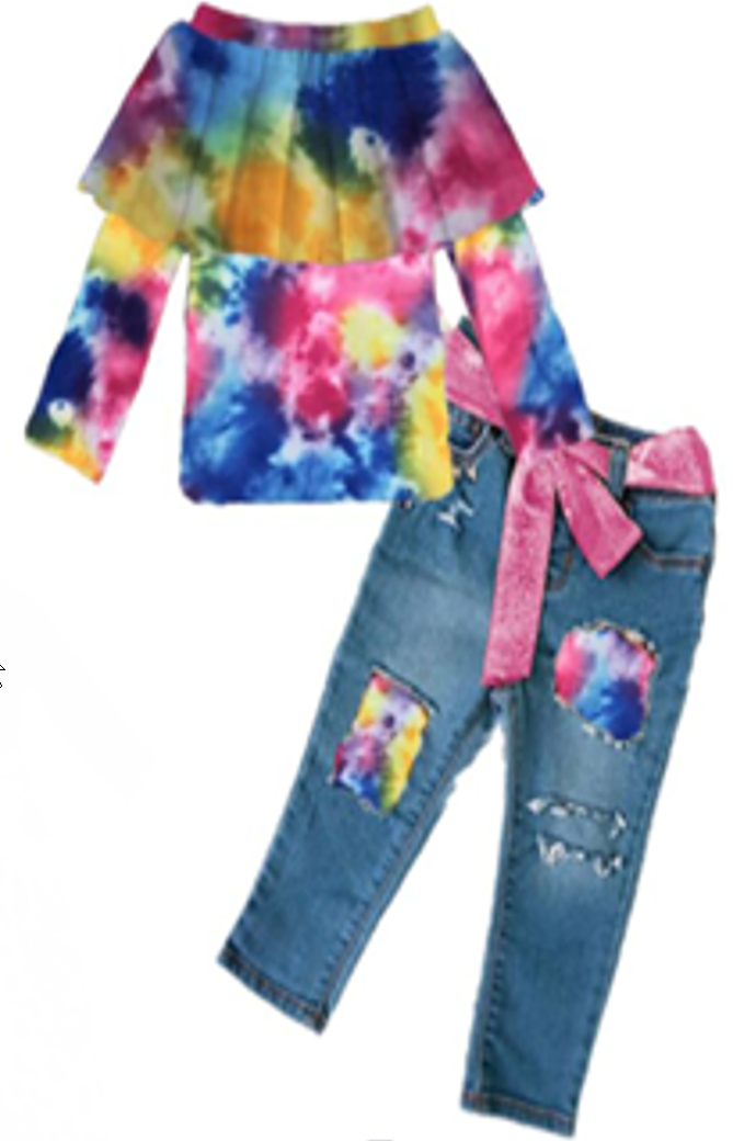 Primary Colors Tie Dye Ruffle Neck Top with Distressed Jeans [PREORDER]