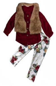 Burgundy Fur Outfit With Floral Leggings [PREORDER]