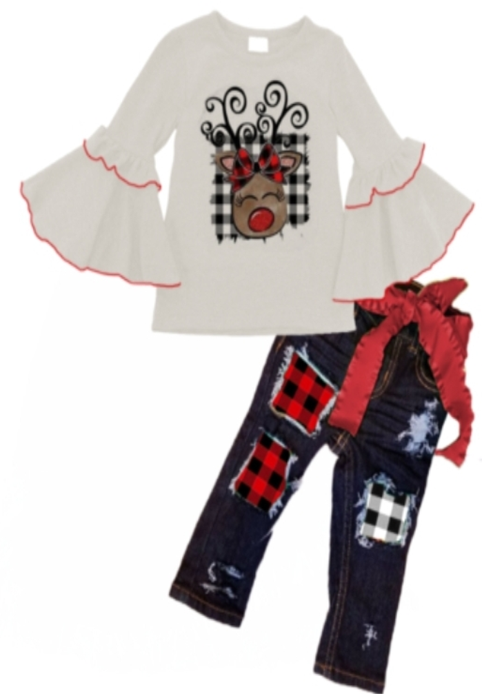 Reindeer Buffalo Plaid Denim Outfit [PREORDER]