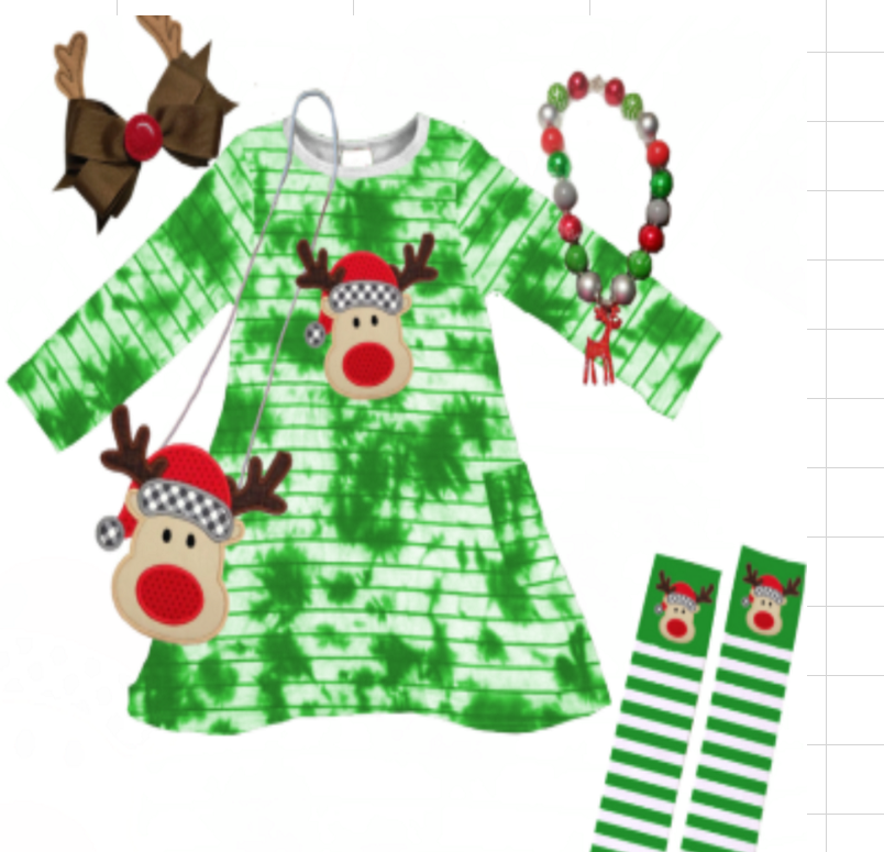 Green Reindeer Tie Dye Dress [PREORDER]