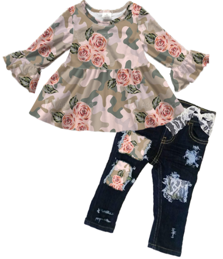 Sweet Floral & Camo Distressed Denim Outfit PreOrder