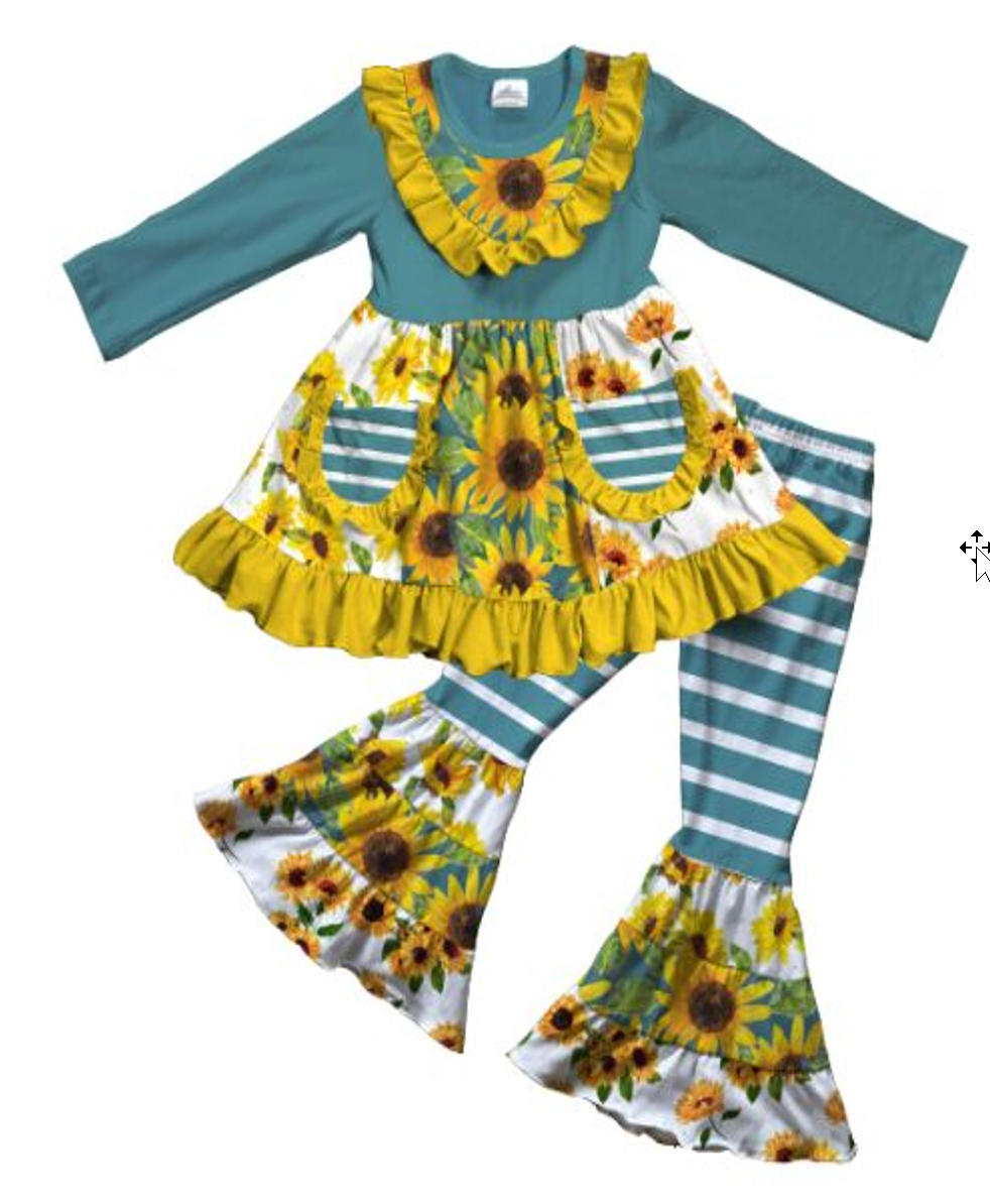 Fall Preorder: Teal Striped Sunflower Bell Bottom Outfit
