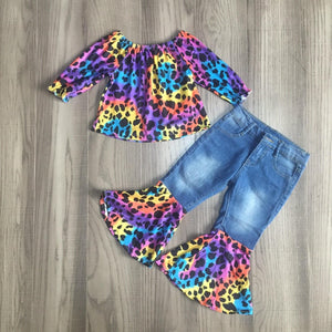 Fall Preorder: Tie Dye Leopard Print / Denim Bell Bottoms Outfit