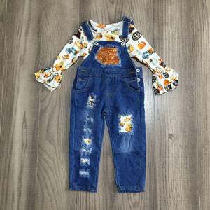 Pumpkin Ruffle Sleeved Shirt with Distressed Denim Overalls Outfit [PREORDER]